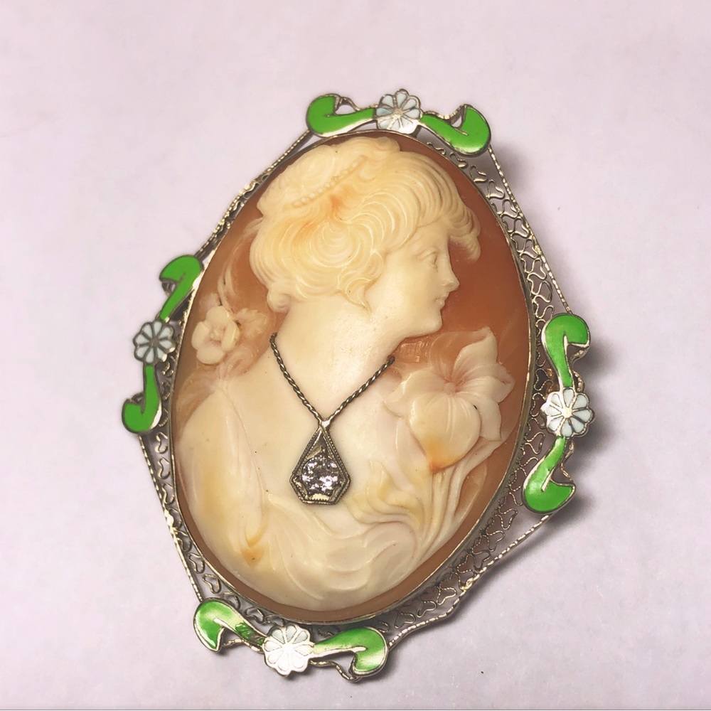 14kt gold white cameo antique art deco enamel with diamond. Brooch and pendent